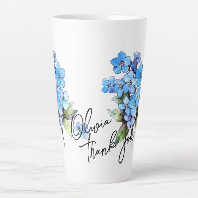 Forget-me-not "Thank you!" Editable Slogan & Name Latte Mug (Front)
