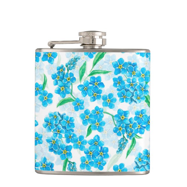 Forget me not watercolor flowers hip flask (Front)