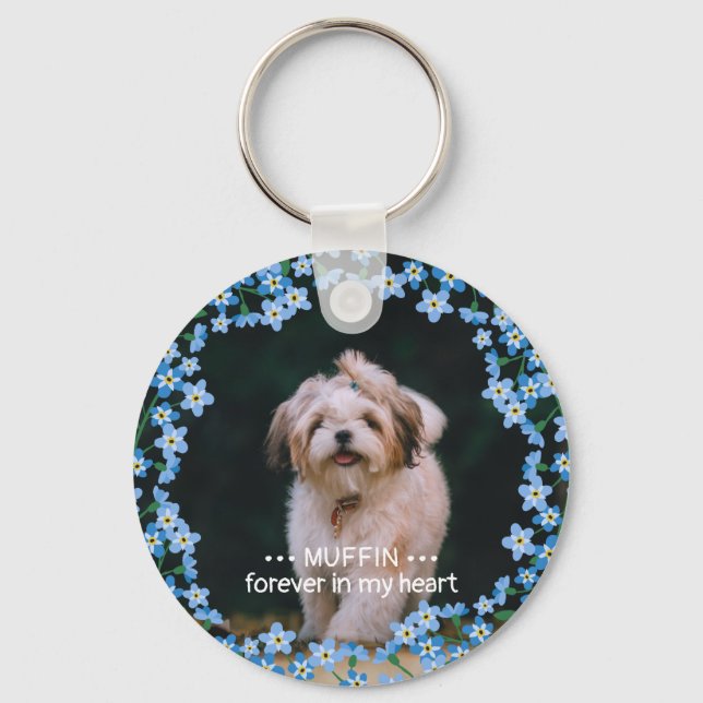 Forget Me Not Wreath Photo Name Pet Memorial Keychain (Front)