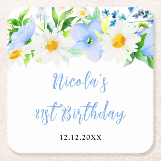 Forget-Me-Nots and Daisies Floral Birthday Square Paper Coaster (Front)