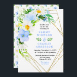 Forget Me Nots and Daisies Wedding Invitation<br><div class="desc">This fun and whimsical wedding invitation features watercolor blue forget me nots,  daisies and foliage on a gold geometric frame. The text combines handwritten script and serif fonts for a stylish and modern look. This is perfect for a spring or summer rustic wedding.</div>