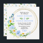 Forget Me Nots and Daisies Wedding Invitation<br><div class="desc">This fun and whimsical wedding invitation features watercolor blue forget me nots,  daisies and foliage on a gold geometric frame. The text combines handwritten script and serif fonts for a stylish and modern look. This is perfect for a spring or summer rustic wedding.</div>