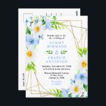 Forget Me Nots and Daisies Wedding Postcard<br><div class="desc">This fun and whimsical wedding postcard features watercolor blue forget me nots,  daisies and foliage on a gold geometric frame. The text combines handwritten script and serif fonts for a stylish and modern look. This is perfect for a spring or summer rustic wedding.</div>
