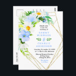 Forget Me Nots and Daisies Wedding Postcard<br><div class="desc">This fun and whimsical wedding postcard features watercolor blue forget me nots,  daisies and foliage on a gold geometric frame. The text combines handwritten script and serif fonts for a stylish and modern look. This is perfect for a spring or summer rustic wedding.</div>