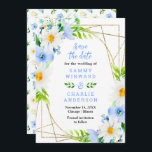 Forget Me Nots and Daisies Wedding Save The Date<br><div class="desc">This fun and whimsical save the date invitation features watercolor blue forget me nots,  daisies and foliage on a gold geometric frame. The text combines handwritten script and serif fonts for a stylish and modern look. This is perfect for a spring or summer rustic wedding.</div>