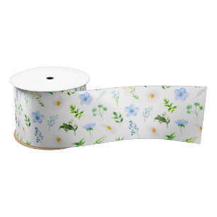 Forget Me Nots and Daisies with Foliage Pattern Satin Ribbon