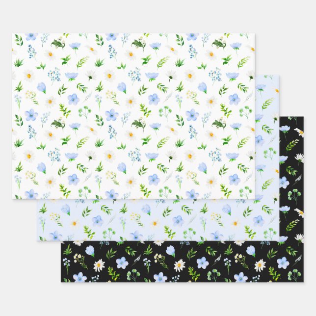 Forget Me Nots and Daisies with Foliage Pattern Wrapping Paper Sheet (Set)
