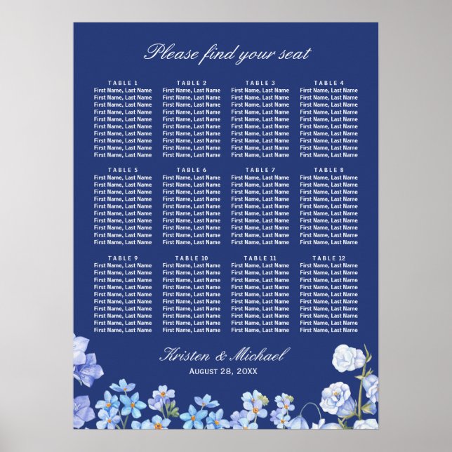 Forget Me Nots Blue Floral Wedding Seating Chart (Front)