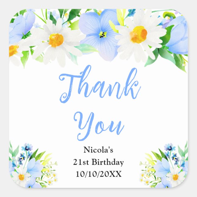 Forget-Me-Nots Daisies Birthday Thank You Square Sticker (Front)