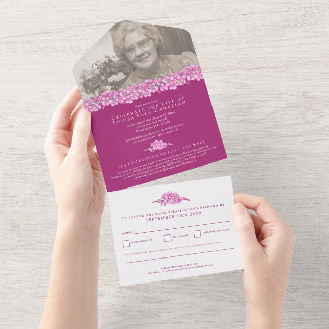 Forget-me-nots funeral celebration of life pink all in one invitation (Tearaway)
