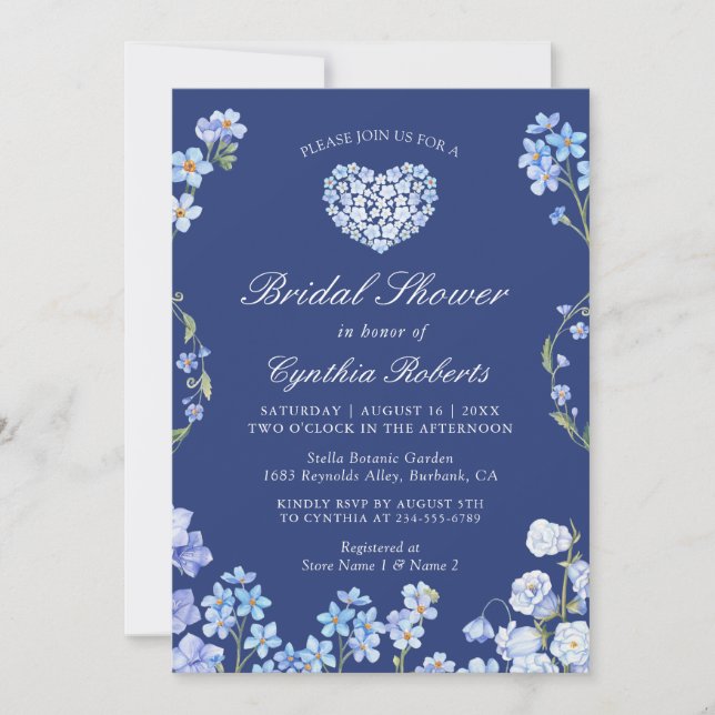 Forget Me Nots Heart Blue Floral Bridal Shower Invitation (Front)