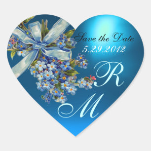 FORGET ME NOTS MONOGRAM ,WEDDING PARTY blue gem Heart Sticker