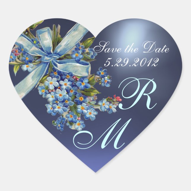 FORGET ME NOTS MONOGRAM ,WEDDING PARTY blue gem Heart Sticker (Front)