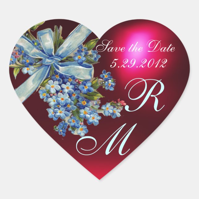 FORGET ME NOTS MONOGRAM ,WEDDING PARTY blue red Heart Sticker (Front)