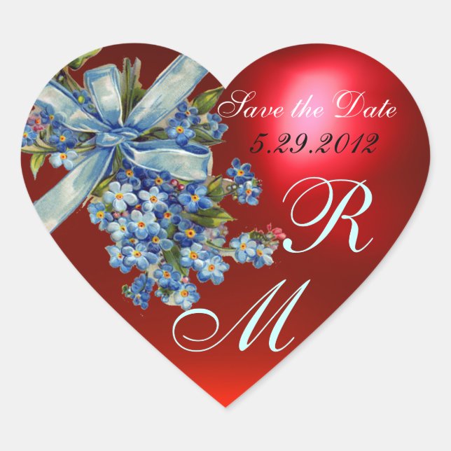 FORGET ME NOTS MONOGRAM ,WEDDING PARTY blue red Heart Sticker (Front)