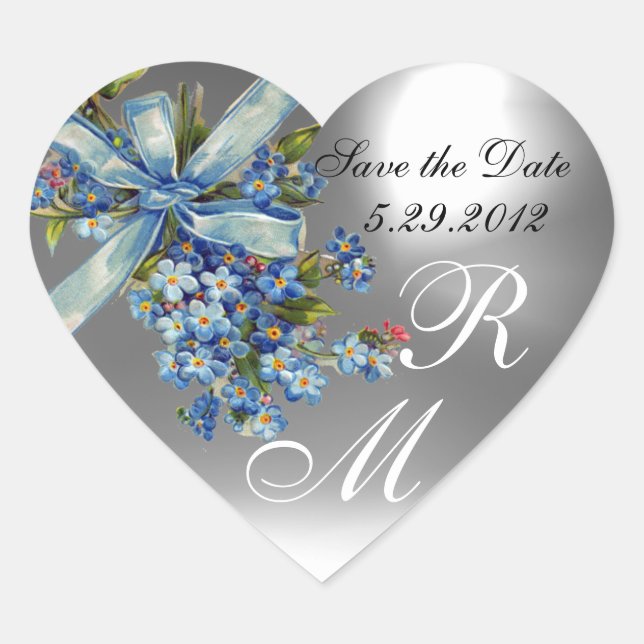 FORGET ME NOTS MONOGRAM ,WEDDING PARTY blue white Heart Sticker (Front)