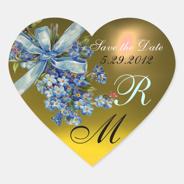 FORGET ME NOTS MONOGRAM ,WEDDING PARTY yellow blue Heart Sticker (Front)