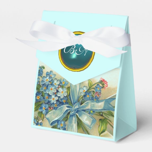 FORGET ME NOTS WEDDING TEAL BLUE GEM MONOGRAM FAVOR BOX (Front Side)