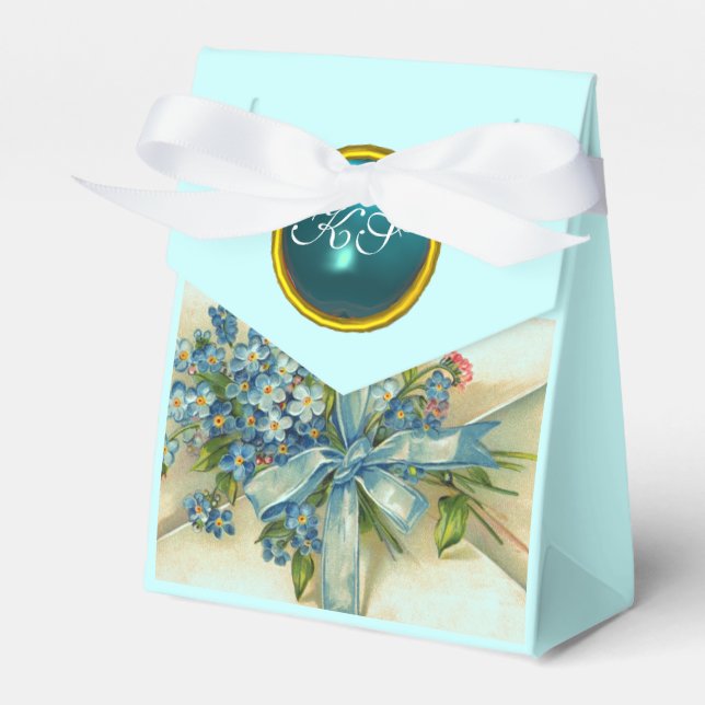 FORGET ME NOTS WEDDING TEAL BLUE GEM MONOGRAM FAVOR BOX (Front Side)