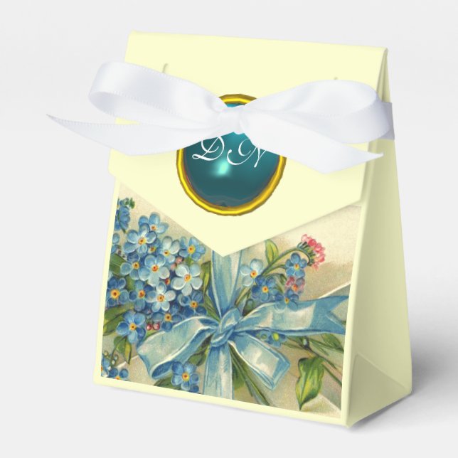 FORGET ME NOTS WEDDING TEAL BLUE GEM MONOGRAM FAVOR BOX (Front Side)