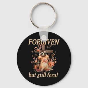 Forgiven But Feral Christian Raccoon Flowers Keychain