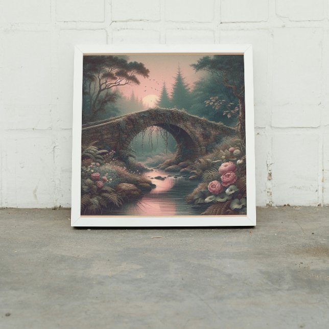 Forgotten Ivy Bridge in Twilight Misty Forest Canvas Print (Twilight glow meets vintage mystery in this misty forest bridge scene 🌕

)