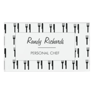 Fork and knife black silhouette pattern white name tag