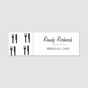 Fork and knife black silhouette pattern white name tag