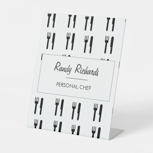 Fork and knife black silhouette pattern white pedestal sign (Front)