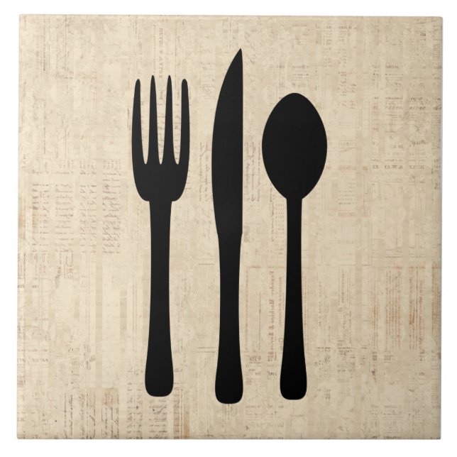 Fork Knife and Spoon Silverware Art Script Style Tile (Front)