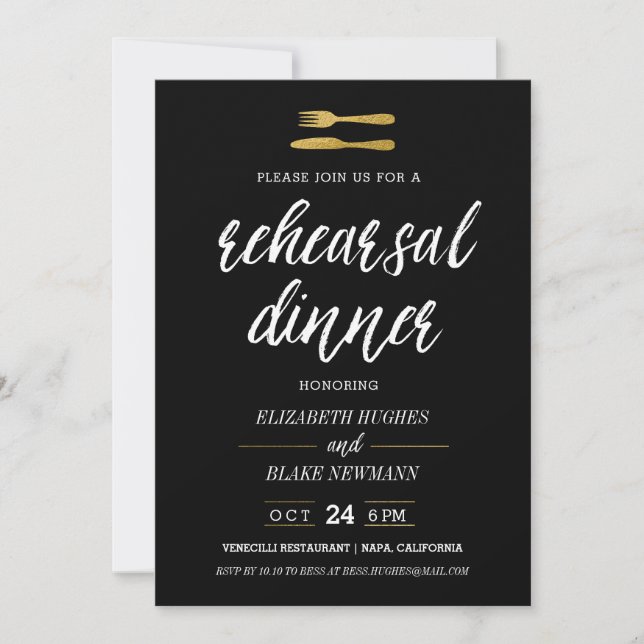 Fork & Knife Faux Foil Rehearsal Dinner Invite (Front)