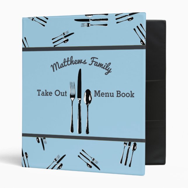 Fork, Knife Spoon Blue Take Out Menu Cookbook Binder (Front/Inside)