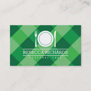 Fork, Plate, Knife Logo on Green Gingham Chef Business Card