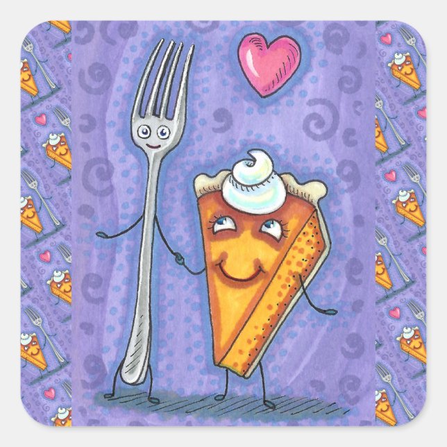 FORK & PUMPKIN PIE, MADE FOR EACH OTHER, ROMANCE SQUARE STICKER (Front)