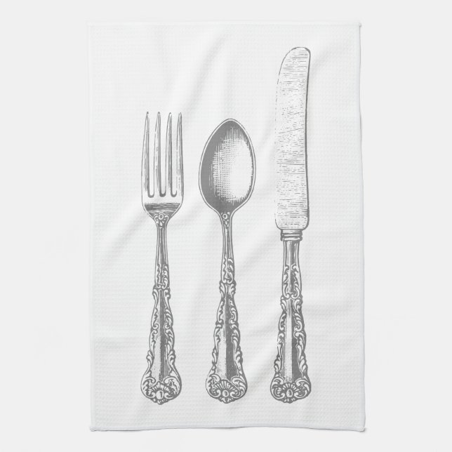 Fork, spoon, knife kitchen towel, vintage towel (Vertical)