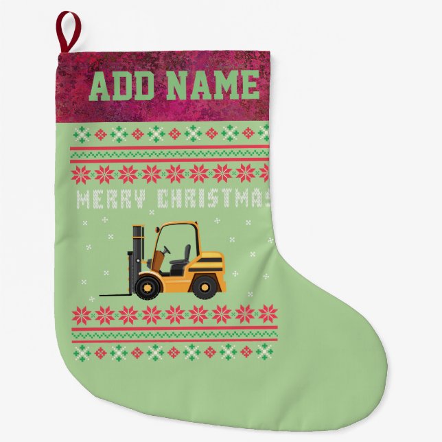 Forklift Ugly Christmas Sweater Large Christmas Stocking (Front)