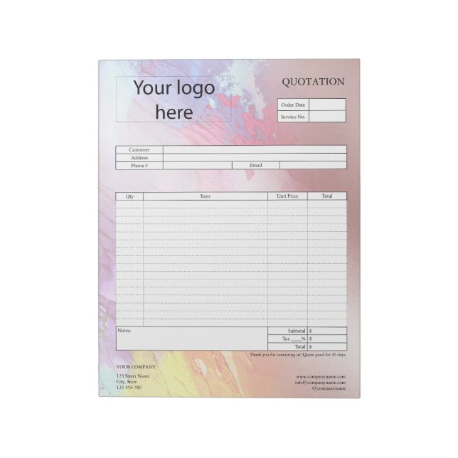 Form Business Quotation, Invoice or Sales Receipt  Notepad (Rotated)