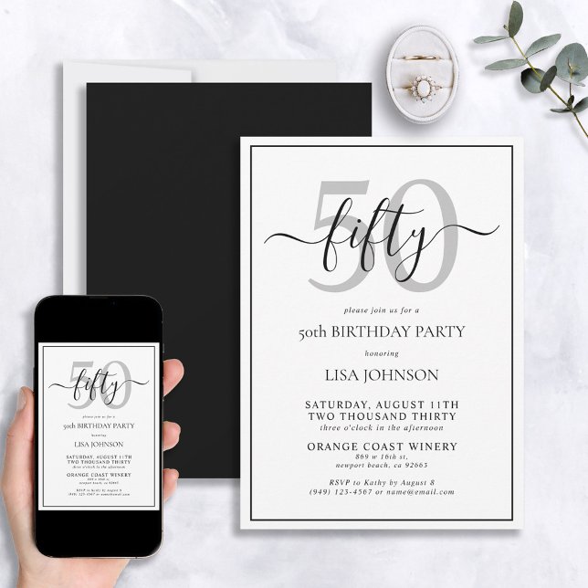 Formal 50th Birthday Black & White Classic Script Invitation (Creator Uploaded)