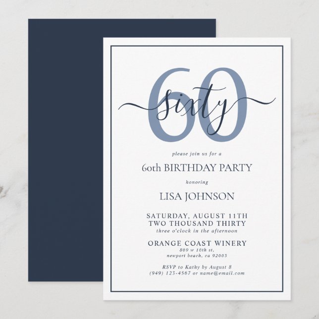 Formal 60th Birthday Navy Blue Classic Script Invitation (Front/Back)