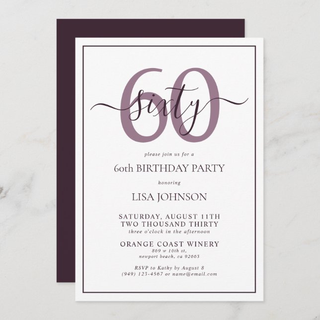 Formal 60th Birthday Plum Purple Classic Script Invitation (Front/Back)