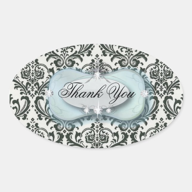 formal black and white damask wedding oval sticker (Front)