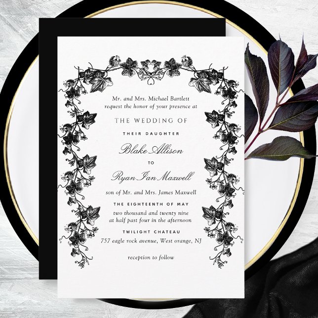 Formal Black and White Enchanting Garlands Wedding Invitation (Creator Uploaded)