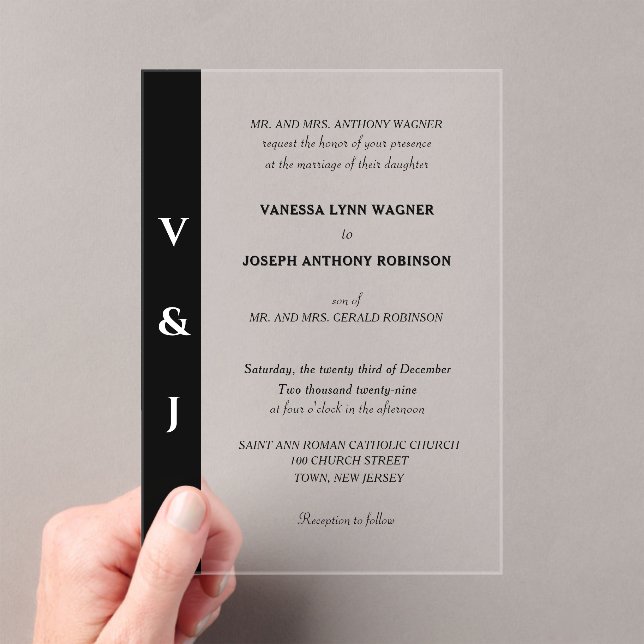 Formal Black and White Modern Wedding Acrylic Invitations (Insitu (Handheld))