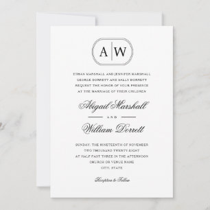 Formal Black and White Monogram Wedding Invitation