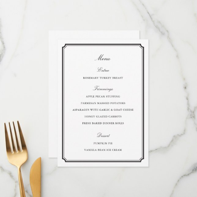 Formal Black and White Thanksgiving Dinner Menu (Front/Back In Situ)
