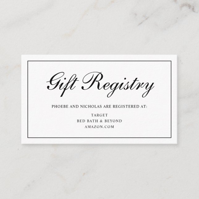 Formal Black and White Wedding Gift Registry Enclosure Card (Front)