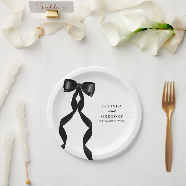 Formal Black Bow Ribbon Elegant Wedding Paper Plate (Wedding)