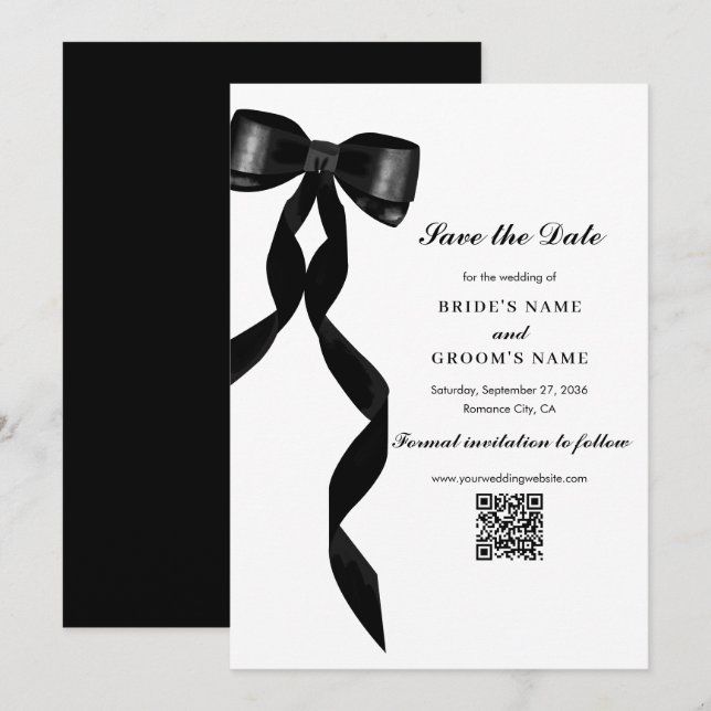Formal Black Bow Ribbon Elegant Wedding Save The Date (Front/Back)