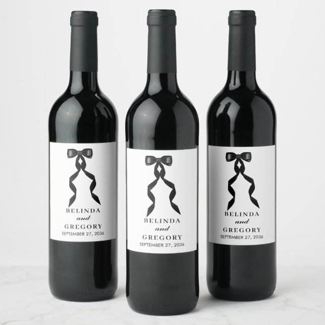 Formal Black Bow Ribbon Elegant Wedding Wine Label (Bottles)