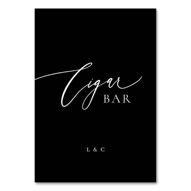 Formal Black Calligraphy Wedding Cigar Bar Sign Table Number (Front)